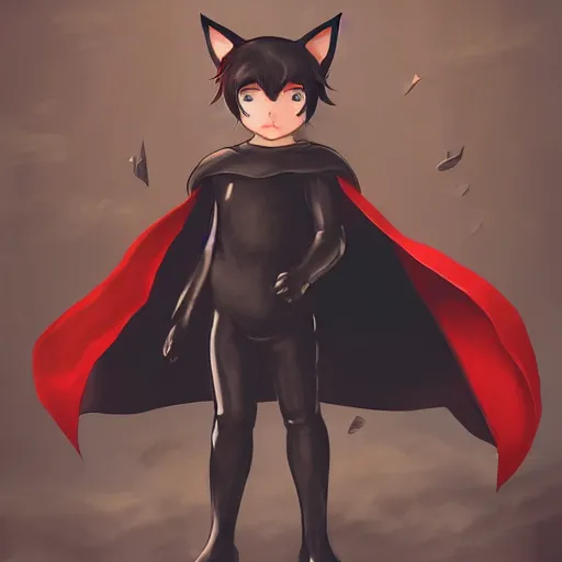 Prompt: little boy with cat ears in an black latex suit with red cape. digital artwork made by lois van baarle and kentaro miura, sharpness focus, anatomically correct, heroic composition