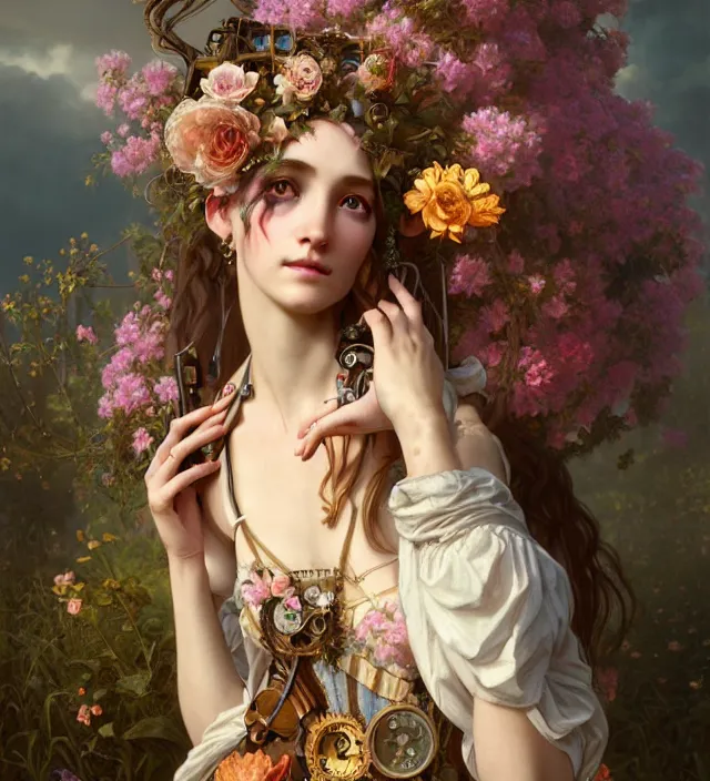 Image similar to baroque portrait of a steampunk bohemian nature nymph in a simple dress with floral decoration, cinematic lighting, photorealistic, octane render, 8 k, depth of field, 3 d, art by artgerm and greg rutkowski and alphonse mucha and uang guangjian