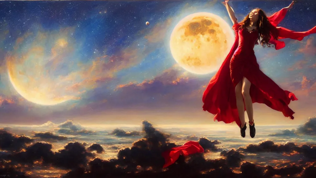 Prompt: a powerful scarlet witch floats on a horizon divided by her, the background is torn between the sun and the moon, in the background you can see the milky way. by Daniel F. Gerhartz, hyperrealistic oil painting, 4k, studio lightning, baroque