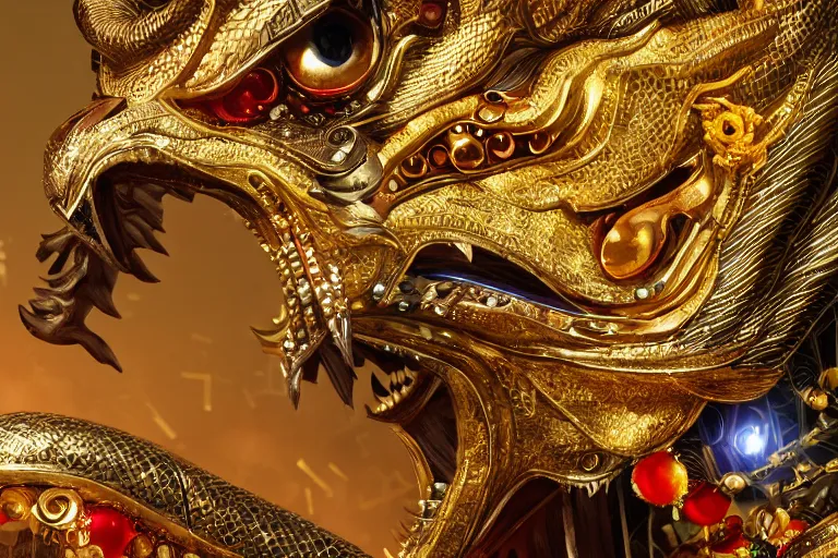 Prompt: cinematic closeup portrait of a miniature gold and silver chinese dragon intricately decorated with colorful jewels, detailed textures, midnight city lights, strong bokeh, dramatic lighting, unreal engine, cgsociety, artstation, 4k