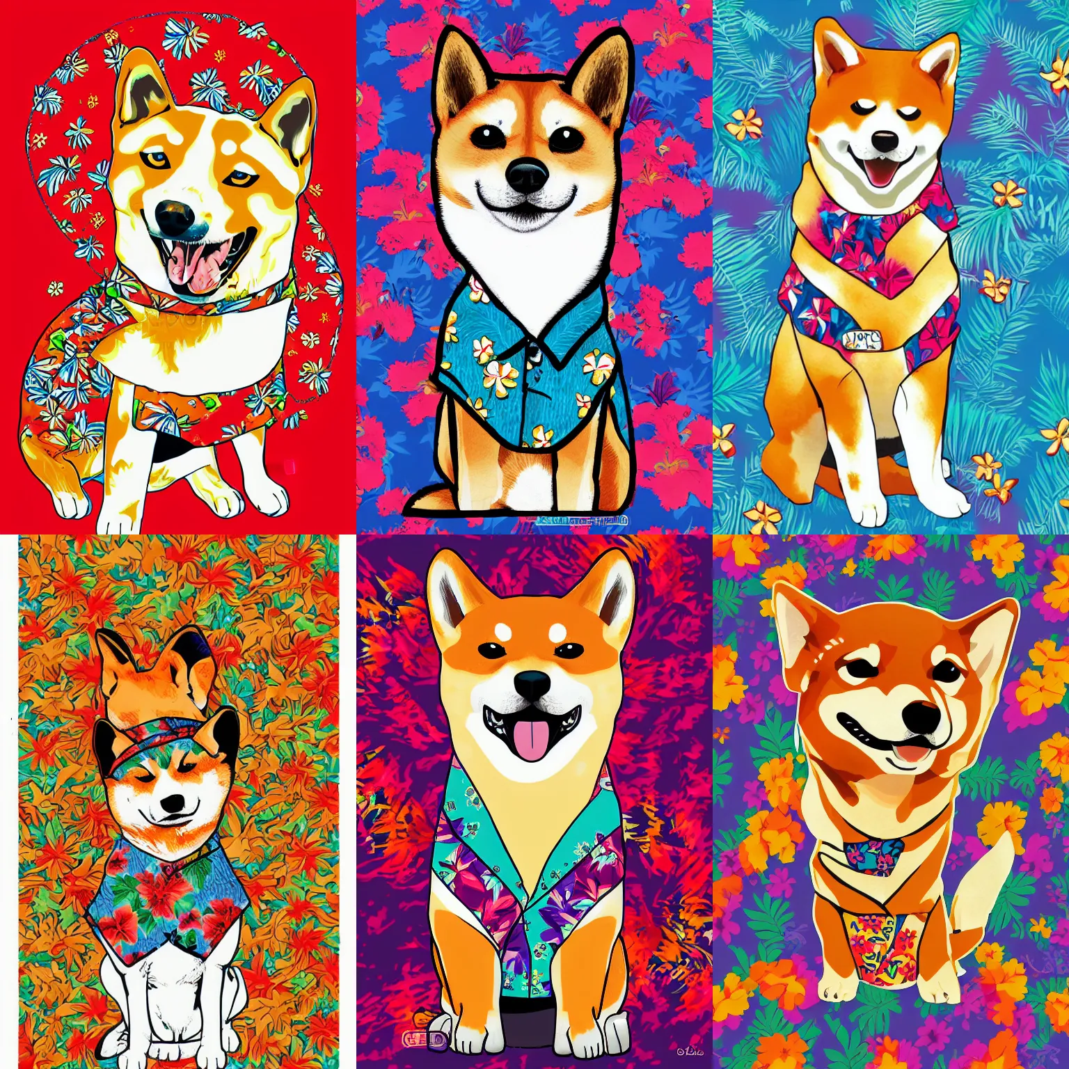 Prompt: Shiba Inu illustration wearing a Hawaiian shirt, Derp, in the style of a jimmy hendrix poster