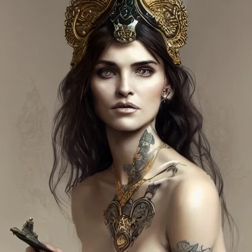 Prompt: an attractive young tattooed female with piercings wearing an white ornate metallic helmet, helena christensen, olive skin, long dark hair, beautiful bone structure, intricate, elegant, highly detailed, digital painting, artstation, concept art, smooth, sharp focus, illustration, art by artgerm and greg rutkowski and alphonse mucha