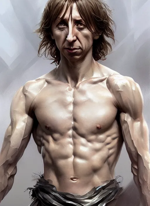 Image similar to portrait of aggressive luka modric, d & d, muscular! white, fantasy, intricate, elegant, highly detailed, digital painting, artstation, concept art, smooth, sharp focus, illustration, art by artgerm and greg rutkowski and alphonse mucha