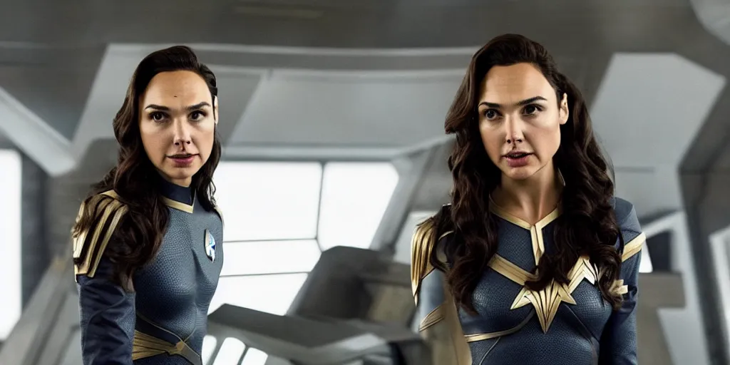 Image similar to gal gadot, in full starfleet uniform, is the captain of the starship enterprise in the new star trek movie