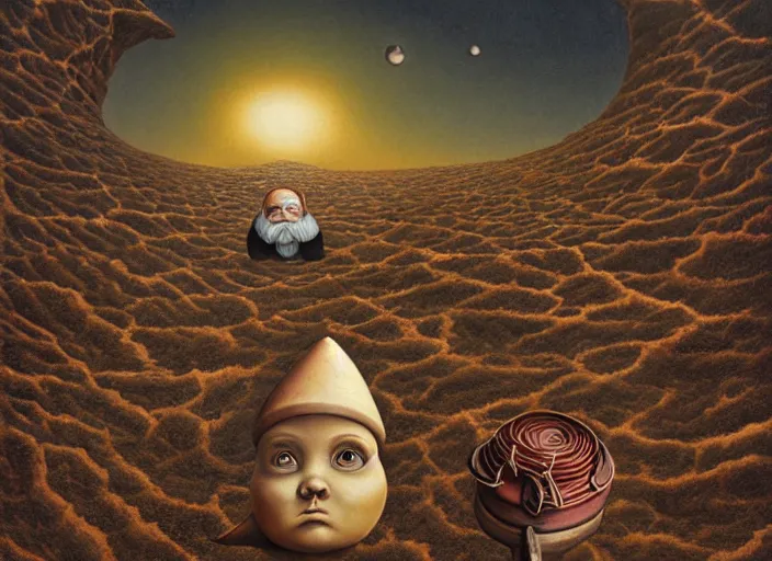 Image similar to a forgotten garden gnome in a vast barren desert, hopeless wasteland background with a relentless raging sun overhead, an ultrafine detailed painting by mark ryden, trending on deviantart, pop surrealism, whimsical, lowbrow, perfect symmetrical face