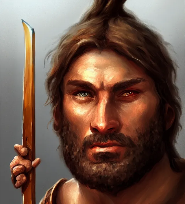 Image similar to portrait of biblical cain holding a spear intricate headshot highly detailed digital painting artstation concept art