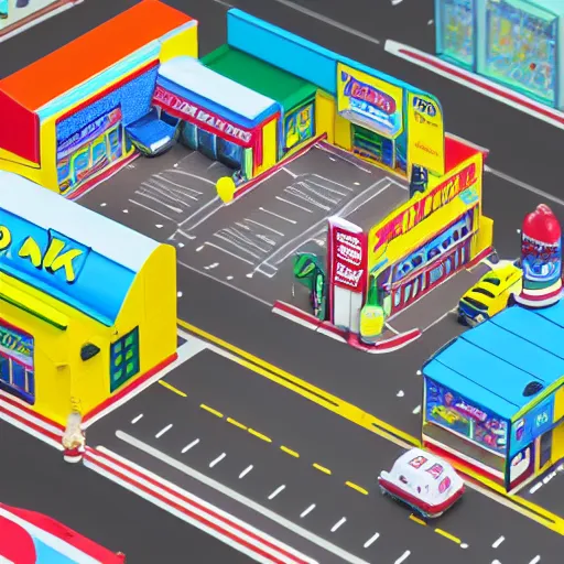 Prompt: diorama of Kwik-E-Mart, isometric 3D, tilt-shift photography