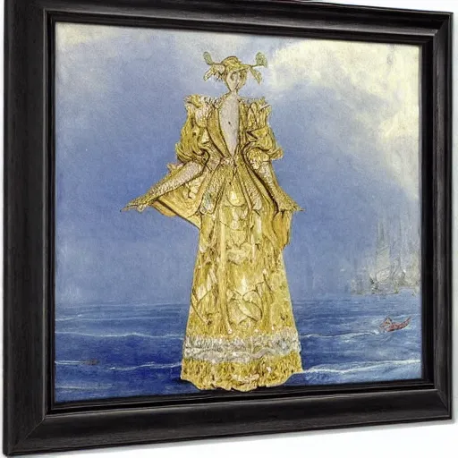 Image similar to Marie Antoinette levitating over the sea. El Greco, Remedios Varo, Salvador Dali, Carl Gustav Carus, John Atkinson Grimshaw. Blue tint. Symetrical, logo, geometric shapes.