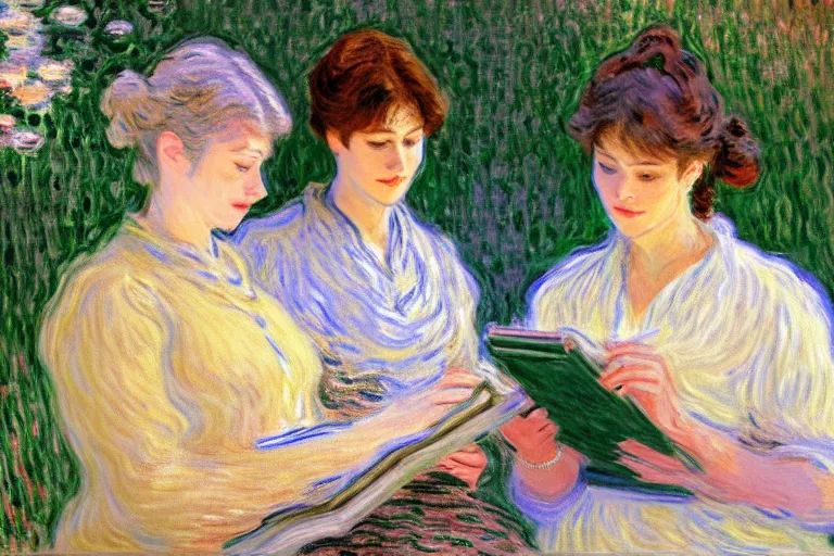 Image similar to portrait of two wise and very beautiful women discussing some texts appearing in a computer screen, art by monet, intricate, elegant, highly detailed, smooth, sharp focus, artstation