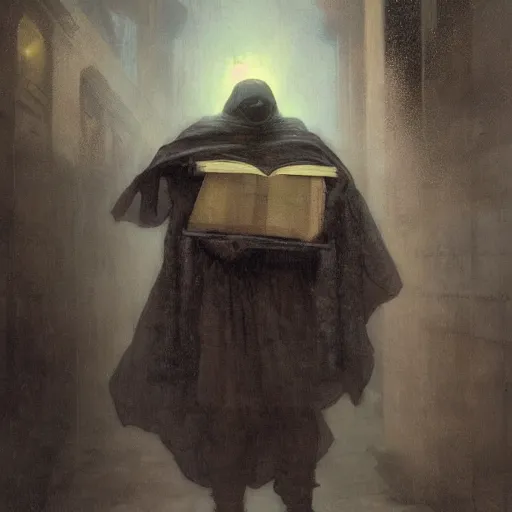 Prompt: half portait of magican wearing a closed cowl holding a big old book! chained!! to his wrist, jeremy mann, jean leon gerome, alphonse mucha, greg rutkowski, hood covers his eyes, ( ( ruins of ancient rome ) ), at dusk, mysterious atmosphere, sunrays, dof, masterpiece, high detailed, 8 k