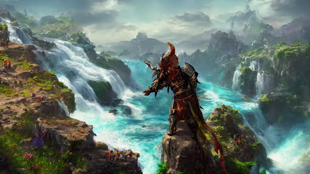 Prompt: A Fantasy Warrior, standing on a cliffside, beside a beautiful colourful waterfall, over looking a large Fantasy city in the middle of the ocean, trending artstation, 8k, highly detailed, matte painting, concept art, over the shoulder camera