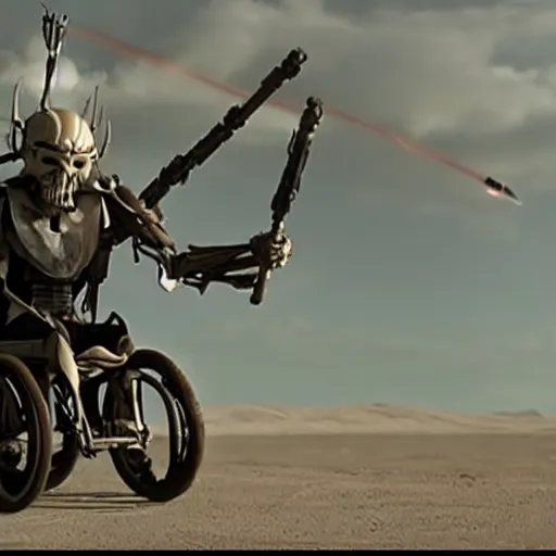 Image similar to General Grievous in a wheelchair with 4 lightsabers, photo from star wars the prequel,