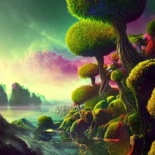 Prompt: digital painting of a lush natural scene on an alien planet by masatake shiyouji. digital render. detailed. beautiful landscape. colourful weird vegetation. cliffs and water.