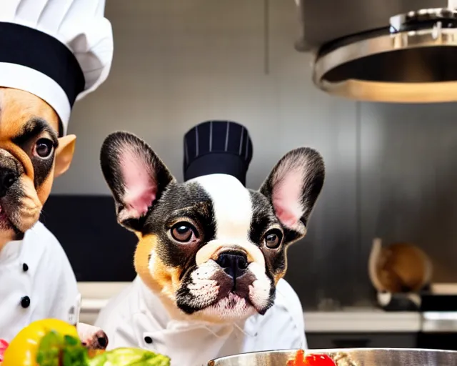 Image similar to a 8k highly detailed still photo by David Bailey of Two multi-colored French Bulldogs in chef hats and aprons starring on a cooking show, a high end kitchen in the background, bokeh