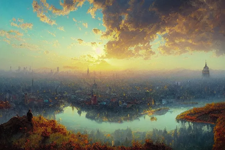 Image similar to a beautiful oil painting of bucharest with impressionist in a serene landscape above with a horizon line in the upper third by john howe and albert bierstadt and alena aenami and dan mumford and dave noton, unreal engine, trending on behance