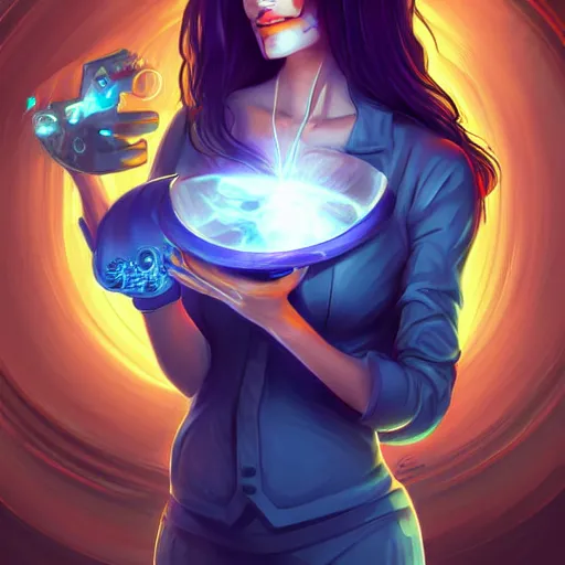 Prompt: a digital painting of a woman holding a circular object, cyberpunk art by cyril rolando, featured on cgsociety, fantasy art, wiccan, steampunk, reimagined by industrial light and magic