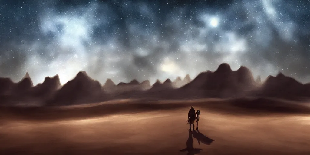 Image similar to desert with sky with stars pixiv, rule of thirds, award winning, moody