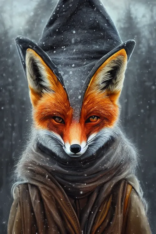 Prompt: a furious fox wizard, snowy background, oil on canvas, intricate, portrait, 8k highly professionally detailed, HDR, wizard hat, CGsociety