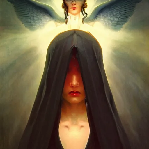 Prompt: A Symmetrical composition portrait of A beautiful!!!! angel in black flames by Ross Tran!! and alphonse mucha and greg rutkowski! and Zdzisław Beksiński!!,In style of digital art.dark Fantasy,smooth,hyper detailed,sharp focus,Soft light.4k