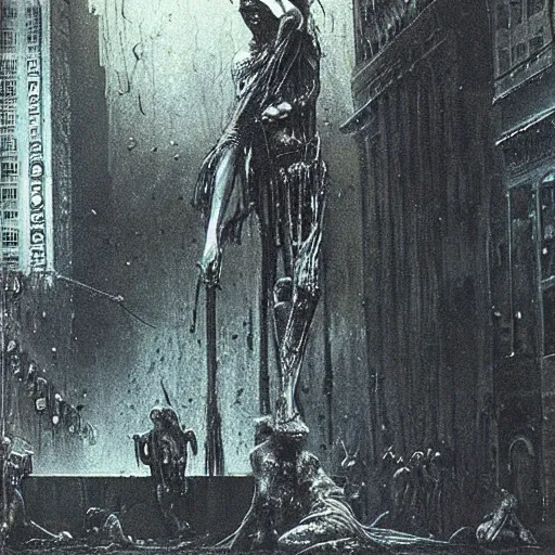 Prompt: julius caesar getting assassinated in times square, beksinski and hr giger style