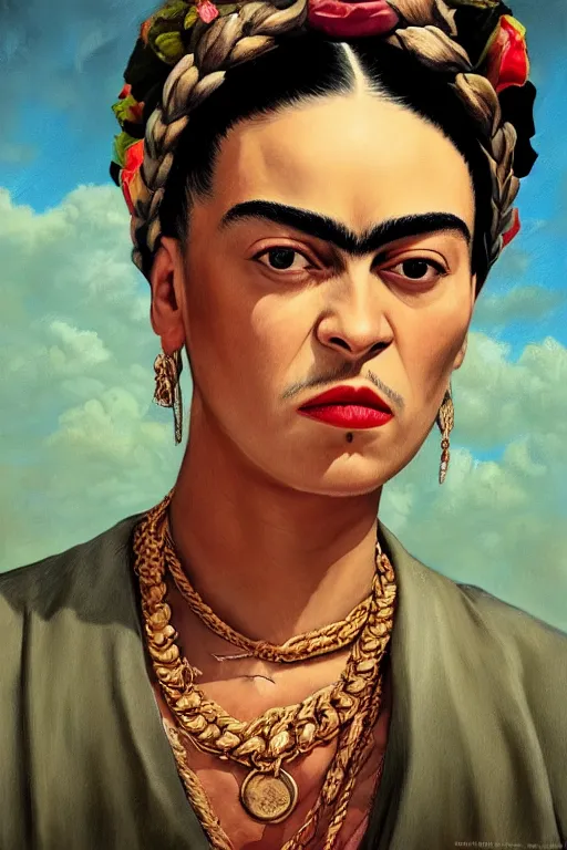 Image similar to rap album cover featuring frida kahlo wearing gangster thug outfit, staring directly into camera, intricate, elegant, dramatic lighting, highly detailed, digital painting, artstation, sharp focus, illustration, art by wlop, mars ravelo and greg rutkowski