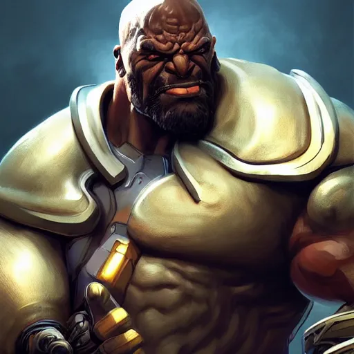 Image similar to sci fi fantasy character portrait of a huge muscular tall giant Doomfist from Overwatch, intricate, wild, highly detailed, digital painting, artstation, upper body, concept art, smooth, sharp focus, illustration, art by artgerm and greg rutkowski and alphonse mucha