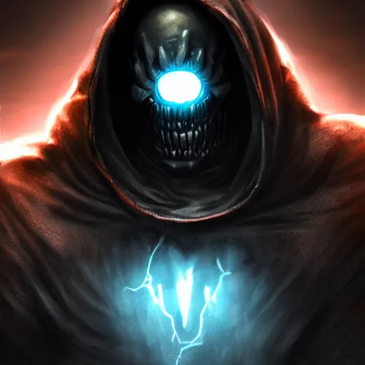 Image similar to photorealistic dark fantasy concept art of nightmare sans with his eye glowing, dynamic lighting, stunning visuals, ray tracing, beautiful scenery, cinematic, full body portrait, ultra detailed, hyper detail, stunning detail