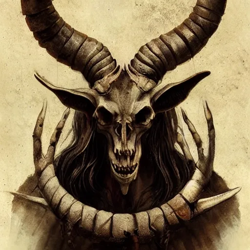 Image similar to baphomet with goat horns holding an animal skull, style of da vinci, horror, fantasy illustration, by greg rutkowski