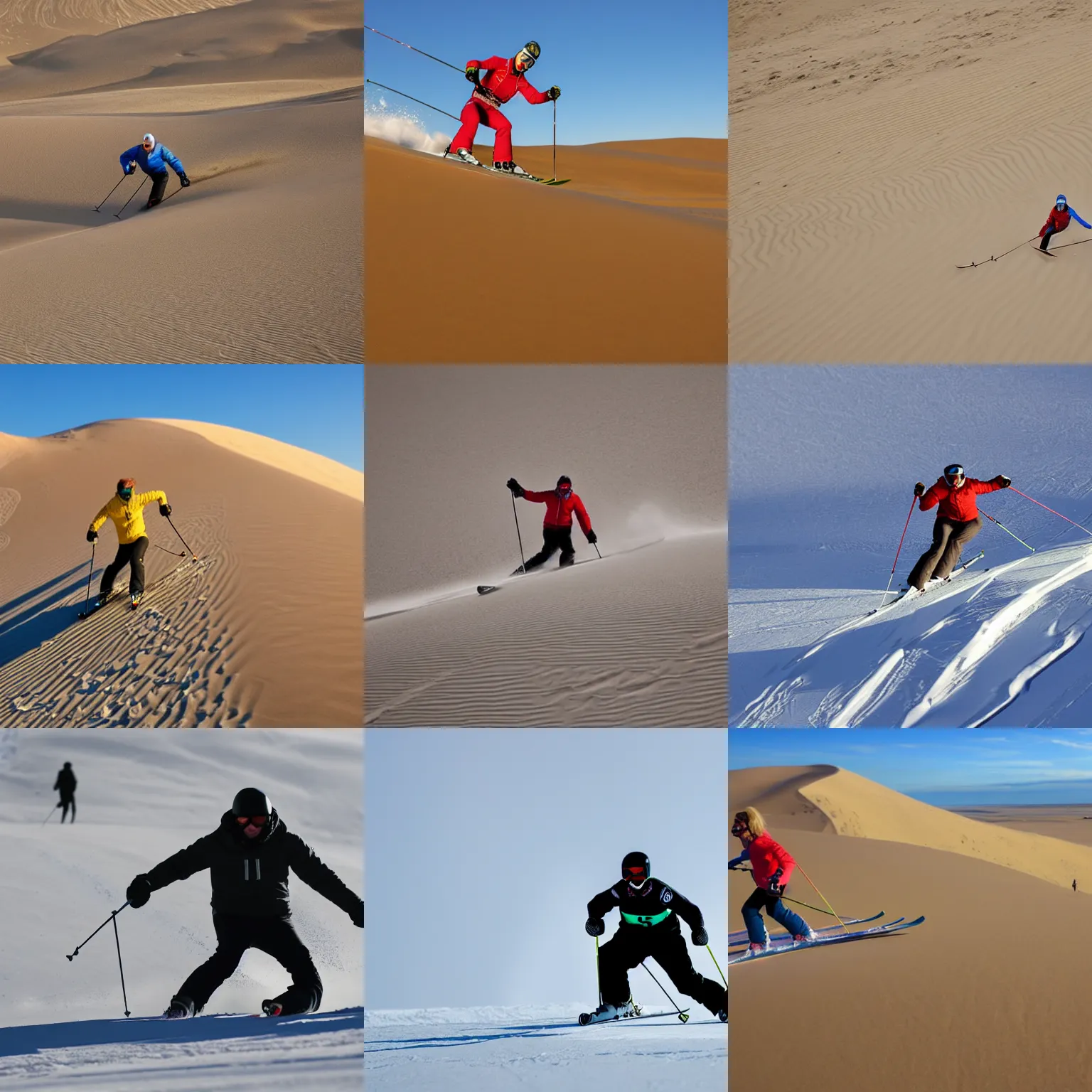 Prompt: professional skiing on sand dunes