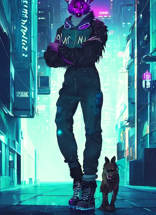 Prompt: beautiful portrait commission of a male furry anthro hyena fursona wearing skater clothes. Cyberpunk city at night in the rain. Neon light. Atmospheric. Character design by charlie bowater, ross tran, artgerm, and makoto shinkai, detailed, inked, western comic book art