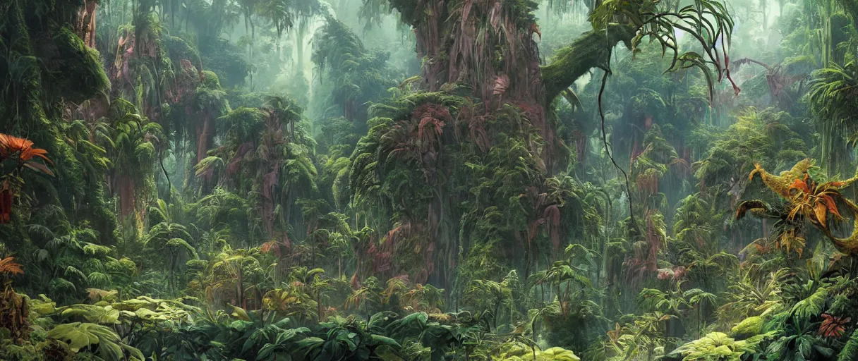 Prompt: A strange jungle forest and on a science-fiction planet, beautiful matte painting, Moebius, frank frazetta, sid mead, thomas kinkade, rodney mathews, trending on artstation