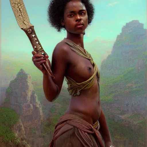 Image similar to artstation concept of a beautiful girl holding a sword in both hands, brown skin, sweaty skin, symmetrical face, casual white garment, brown canyon background, shiny colorful, hyperdetailed, artstation trending, world renowned artists, worth1000.com, historic artworks society, antique renewel, cgsociety, by greg rutkowski, by Gustave Dore, Deviantart