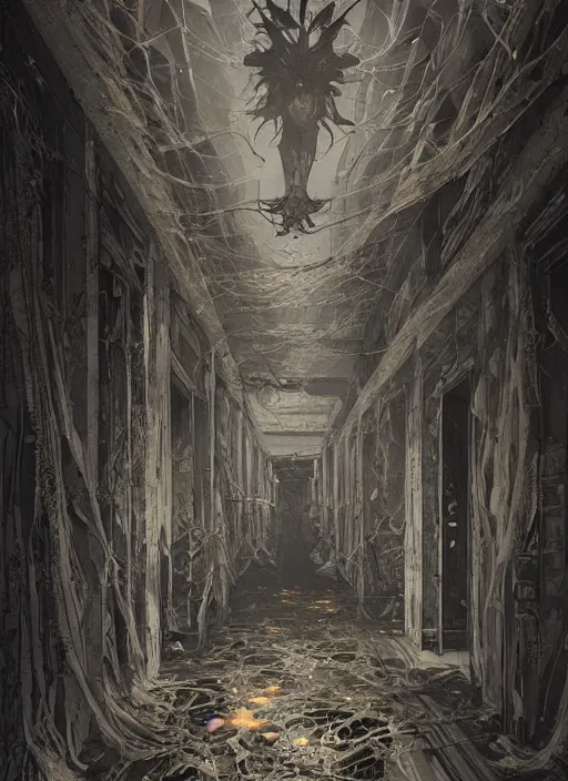 Image similar to interior of a haunted school corridor with ghots around, art style by kim jung gi karl marx greg rutkowski klimt and nixeu, au naturel, hyper detailed, digital art, trending in artstation, behance, deviantart, houdini