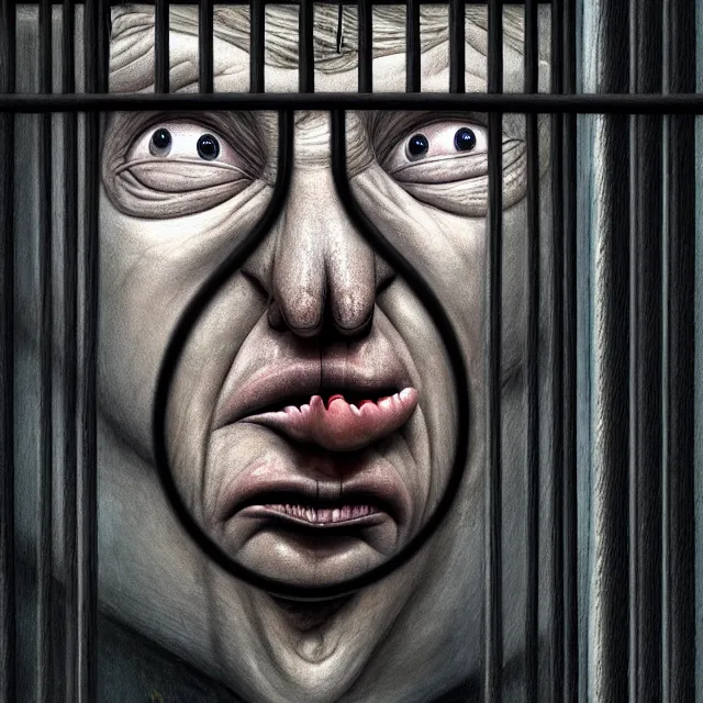 Prompt: behind bars of jail gediminas pranckevicius | close up portrait of a the trump behind jail bars in the sinister valley of despair, one mouth, one nose, two eyes, oil painting by tomasz jedruszek, cinematic lighting, pen and ink, intricate line, hd, 4 k, million of likes, trending on artstation