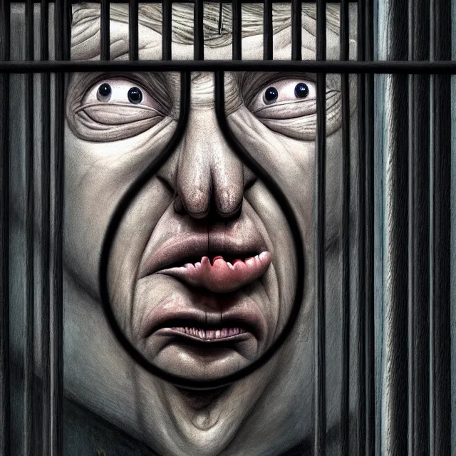 Image similar to behind bars of jail gediminas pranckevicius | close up portrait of a the trump behind jail bars in the sinister valley of despair, one mouth, one nose, two eyes, oil painting by tomasz jedruszek, cinematic lighting, pen and ink, intricate line, hd, 4 k, million of likes, trending on artstation