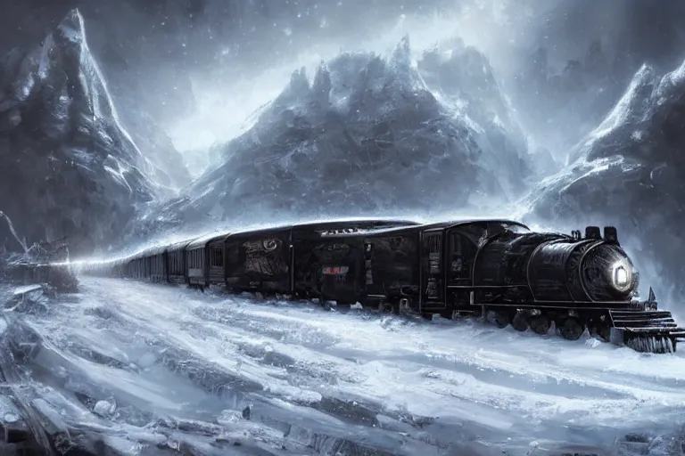 Image similar to an intricate futuristic black steam train and a giant mammoth, post - apocalyptic ice landscape in snowstorm, concept art, artstation, highly detailed, digital art