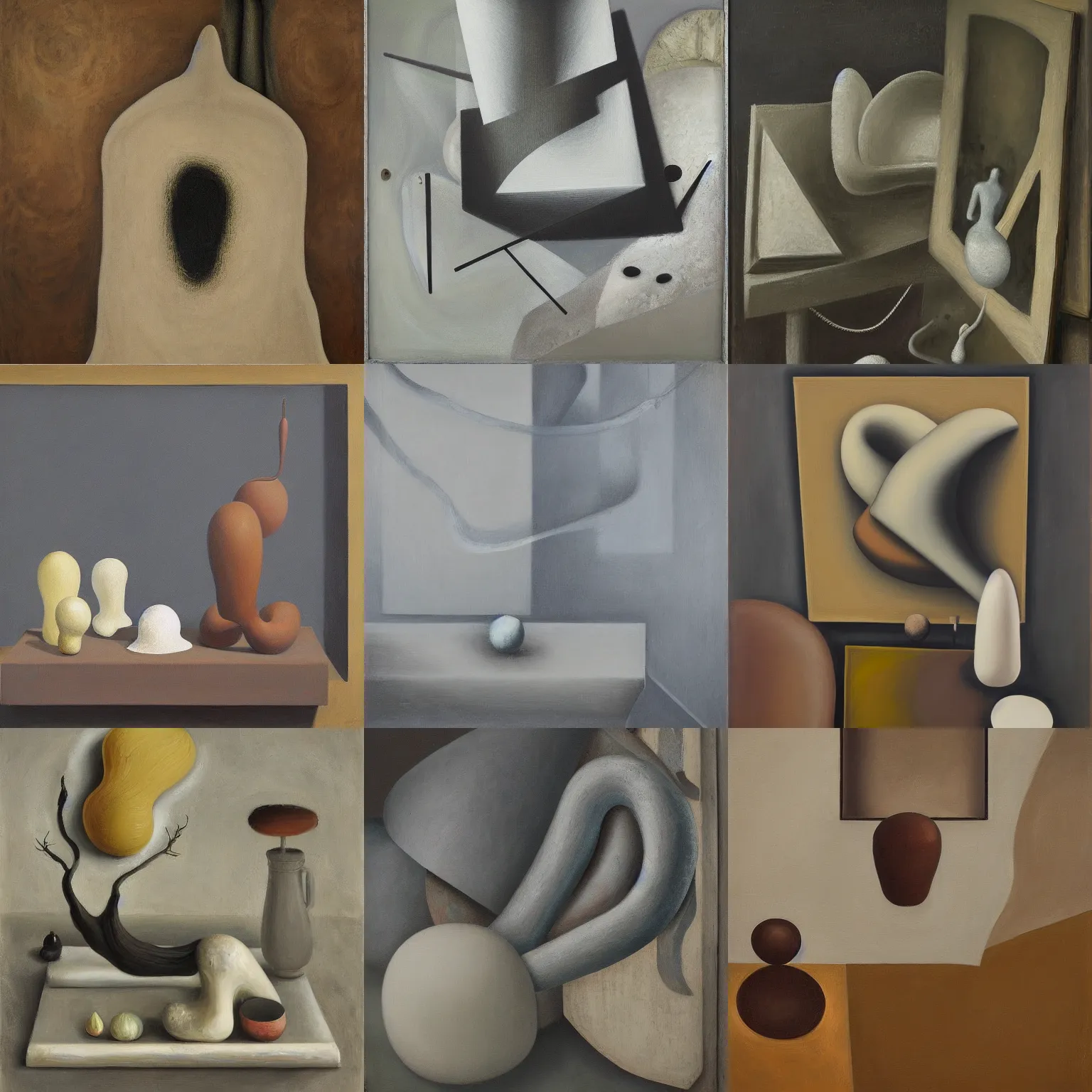 Prompt: ultrafine detailed painting, biomorphic, still life by julian schnabel and gertrude abercrombie, tonalism, oil on canvas, abstract sculpture, surrealism