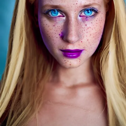 Prompt: close up headshot of a princess with long blonde hair and blue eyes wearing a strapless elaborately beaded pink dress, high resolution film still, 8k, HDR color, film by Simon Langton and David Frankel, triangular face, freckles, round narrow chin, straight jawline