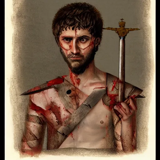 Image similar to self portrait, roman man with battle scar on his chest holding his sword on his shoulder, pencil art, detailed, handsome, colored, bloody