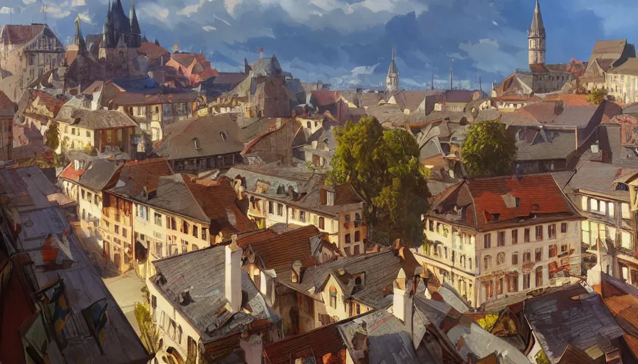 Prompt: Stefan Koidl's painting of a european town, view from cafe terrace. 4k, octane, digital painting, artstation, concept art, sharp focus, illustration, art by artgerm and greg rutkowski and alphonse mucha.