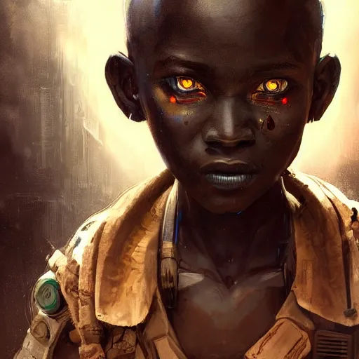 Prompt: a dark and ominous african child soldier with a half robot face and one glowing eye, Apex Legends character digital illustration portrait design, by android jones and greg rutkowski in a cyberpunk voodoo style, detailed, cinematic lighting, wide angle action dynamic portrait