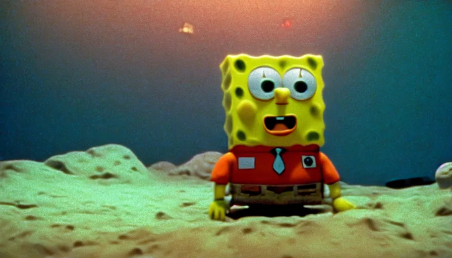 Image similar to 1 9 6 0 s movie still of spongebob, 2 0 0 1 a space odyssey, cinestill 8 0 0 t 3 5 mm, high quality, heavy grain, high detail, panoramic, cinematic composition, dramatic light, ultra wide lens, anamorphic, flares