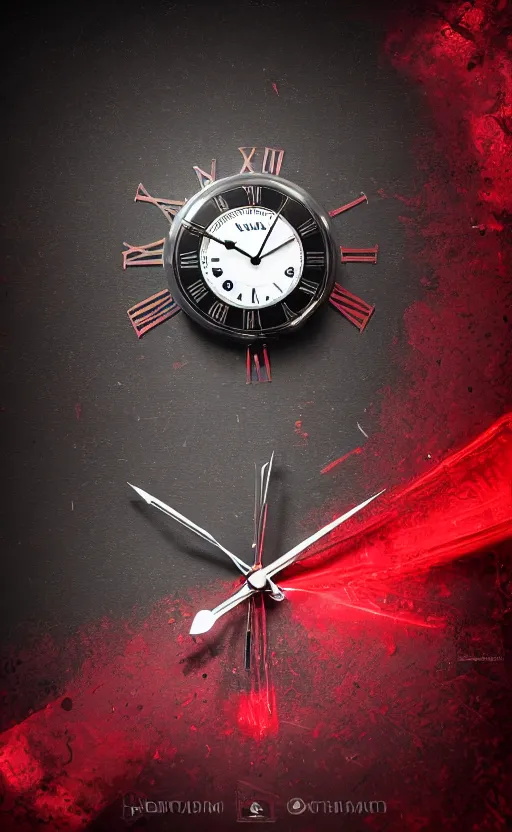 Image similar to a melting Roman numeral clock, behind a red and black gradient background, awith a black heart shaped on the top left corner and a black diamond card shape in the bottom right corner, dynamic lighting, photorealistic fantasy concept art, trending on art station, stunning visuals, cinematic, creative, ultra detailed