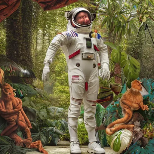 Prompt: a very elaborate elaborated huge standalone hyperrealistic photorealistic hyperdetailed astronaut standing in a dense jungle, raining, art nouveau rococo in the style of caravaggio. unexpected maximalist fabric elements hd 8 x matte background in vibrant pastel tones