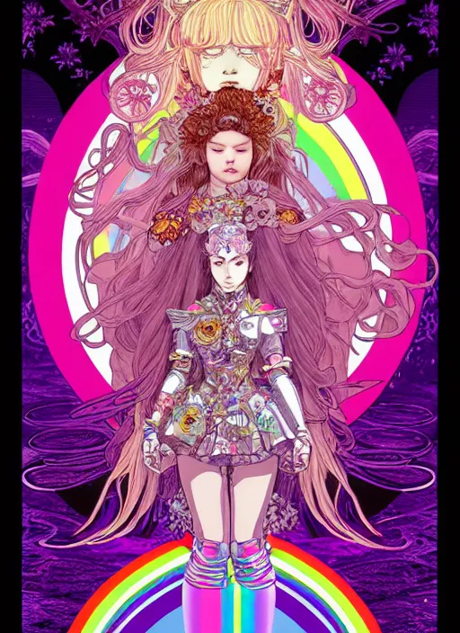 Image similar to highly detailed terada katsuya artgerm artstation rainbow reflection minaba hideo manga poster of princess mechine, long hair, armor, dress, laces, ruffles, 8 k, fluorescent, maximalist, jump comics, tomer hanuka, alphonse mucha