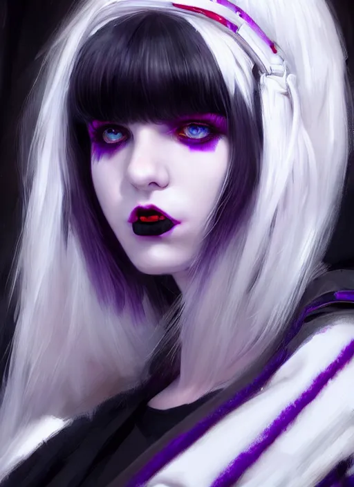 Image similar to portrait of white teenage girl, normal face, white bangs, mall goth, cyberlox, black and white hair, bangs, fluffy bangs, red contact lenses, purple lipstick, intricate, elegant, highly detailed, digital painting, artstation, concept art, sharp focus, smooth, illustration, art by wlop, mars ravelo and greg rutkowski