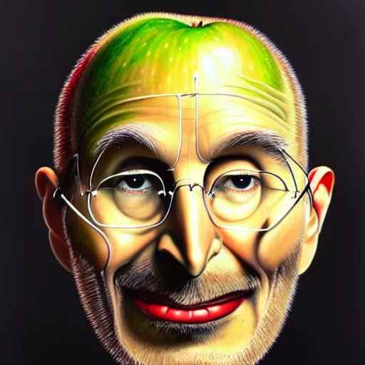 Image similar to a pile of apples, apples, apples arranged in the shape of a face resembling steve jobs, apples, fantasy, intricate, elegant, highly detailed, lifelike, photorealistic, digital painting, artstation, illustration, smooth, sharp focus, art by giuseppe arcimboldo