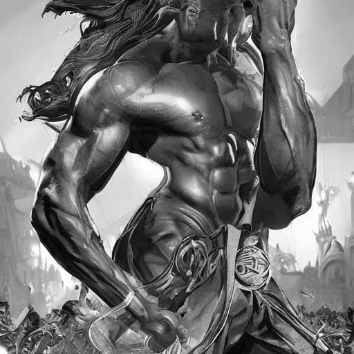 Image similar to gigachad flexing his muscles, highly detailed, digital painting, artstation, concept art, smooth, sharp focus, illustration, art by artgerm and greg rutkowski and alphonse mucha