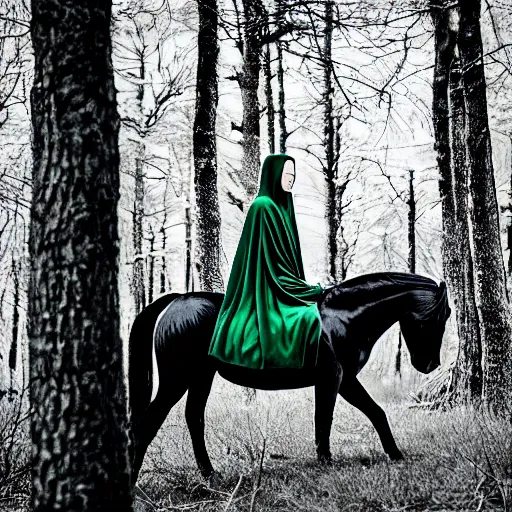 Image similar to Medieval woman princess rider in vintage cloak cape riding a black wild horse. Background green trees spruce forest, spring winter nature melted snow , Kodak TRI-X 400, melancholic