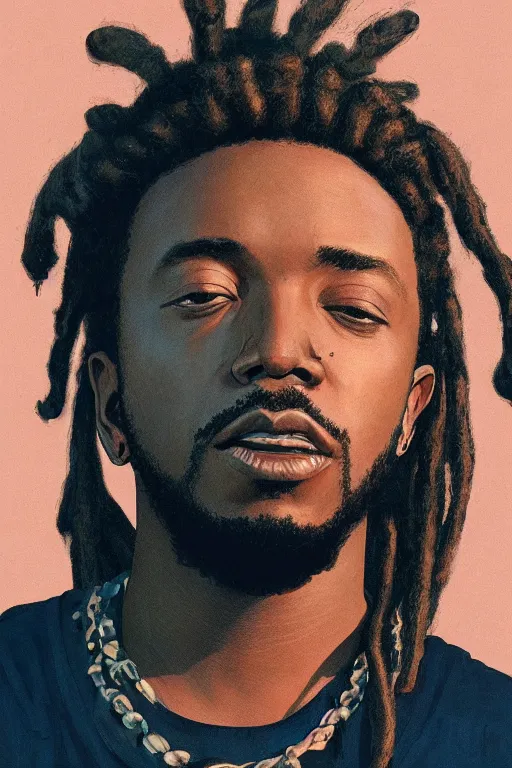 Prompt: portrait of kendrick lamar with dreads, staring directly into camera, intricate, elegant, glowing lights, highly detailed, digital painting, artstation, sharp focus, illustration, art by wlop, mars ravelo and greg rutkowski